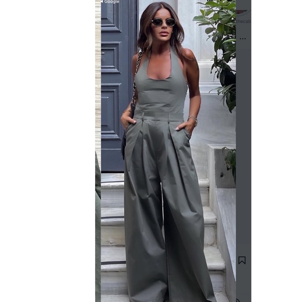 Zara Olive Green Halter Wide Leg Jumpsuit Pleated Front Cotton Small